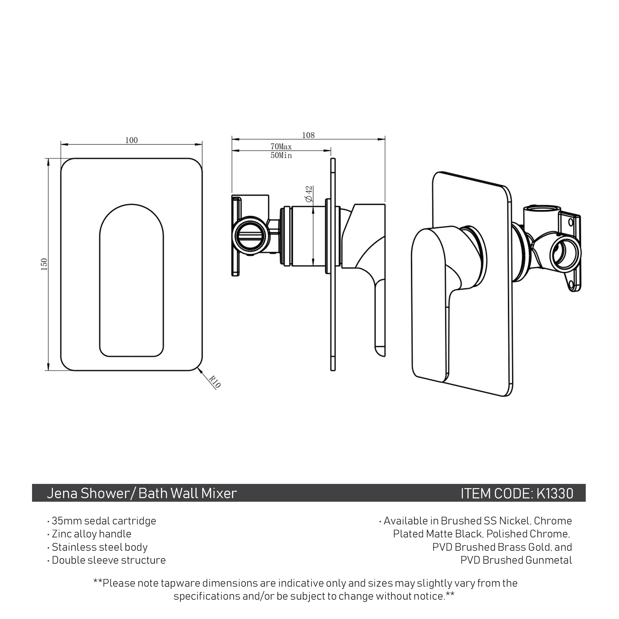 Jena Shower/ Bath Wall Mixer, PVD Brushed Gunmetal - Image 5