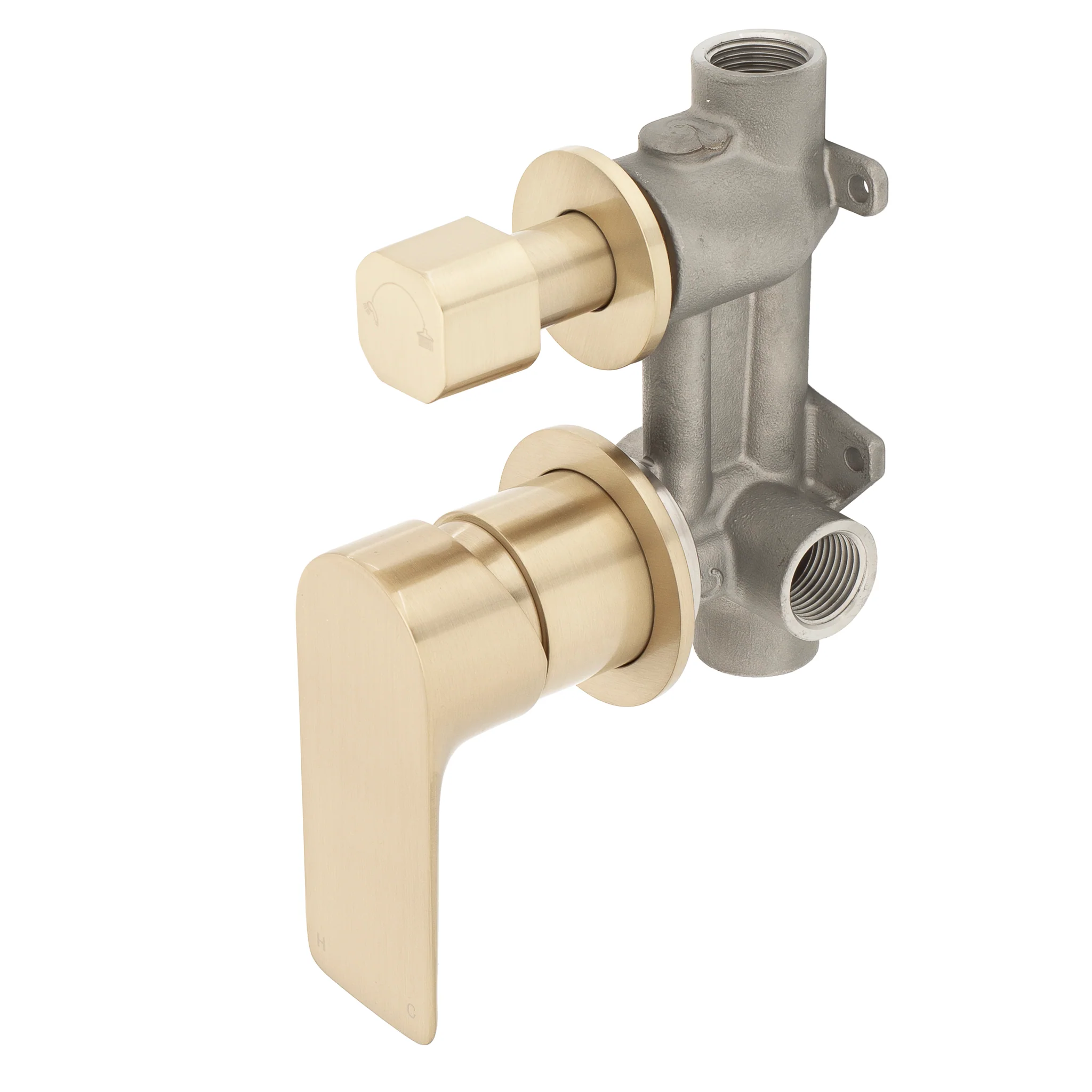 Jena Shower/ Bath Wall Mixer with Diverter and Round Plates, Brushed Brass (Gold) - Image 2