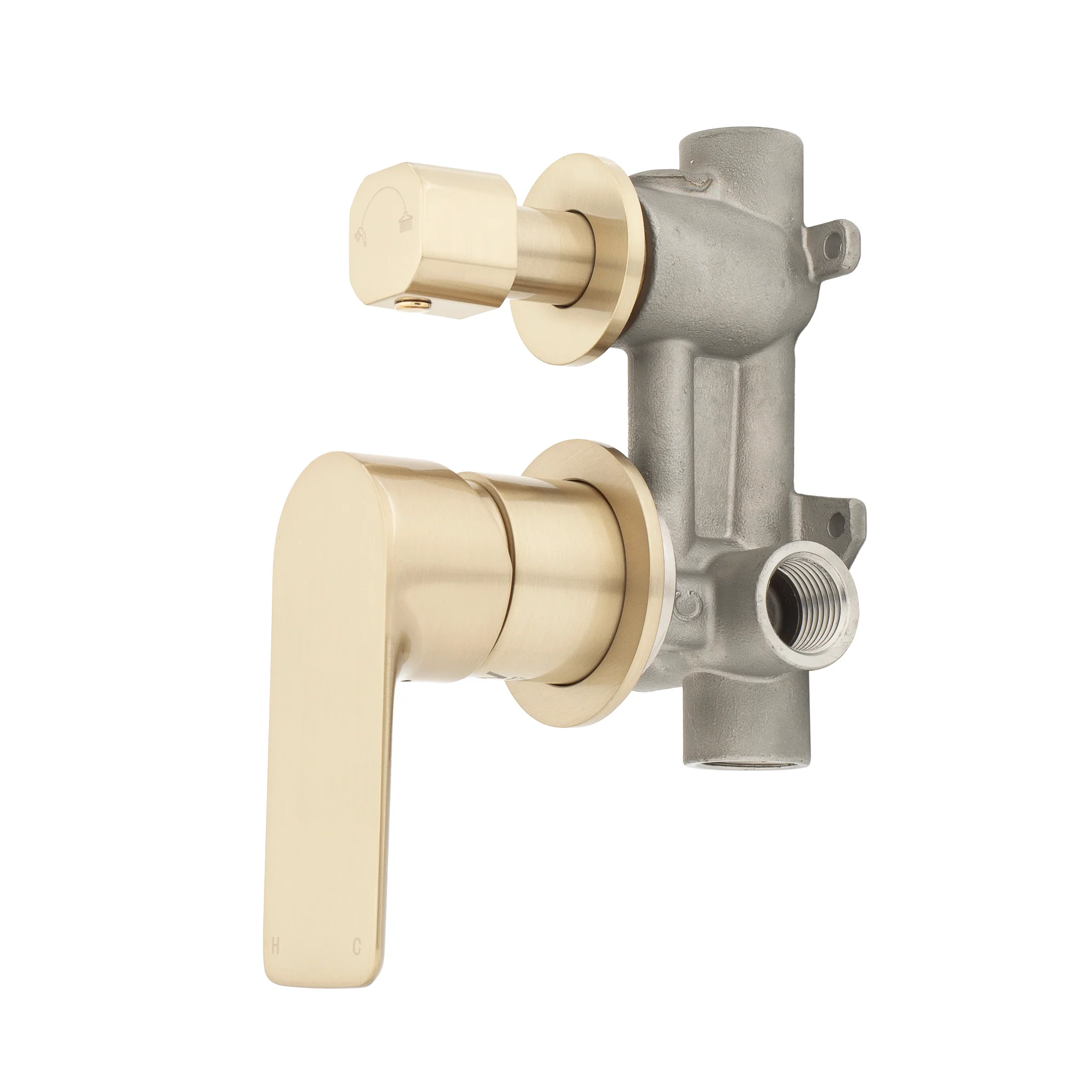 Jena Shower/ Bath Wall Mixer with Diverter and Round Plates, Brushed Brass (Gold) - Image 4
