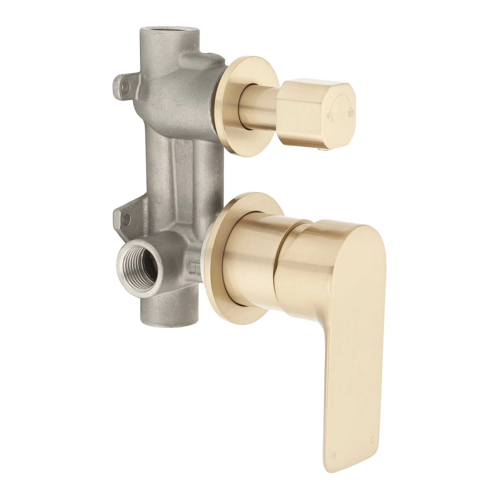 Jena Shower/ Bath Wall Mixer with Diverter and Round Plates, Brushed Brass (Gold) - Image 5