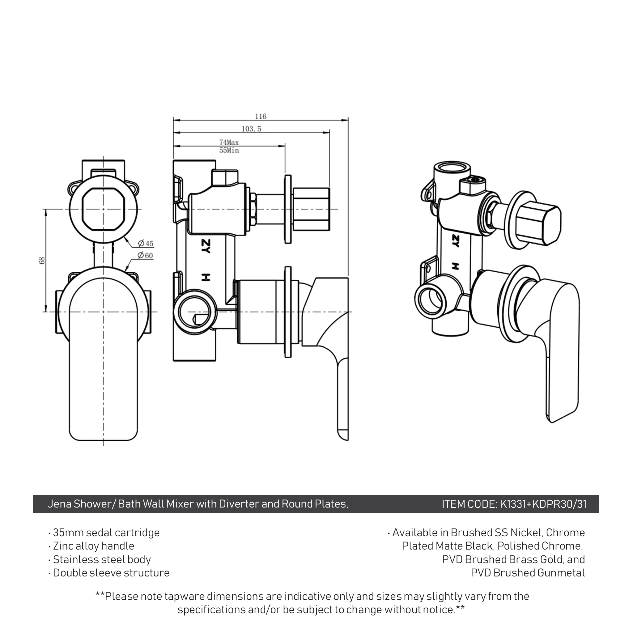 Jena Shower/ Bath Wall Mixer with Diverter and Round Plates, Brushed Nickel - Image 7