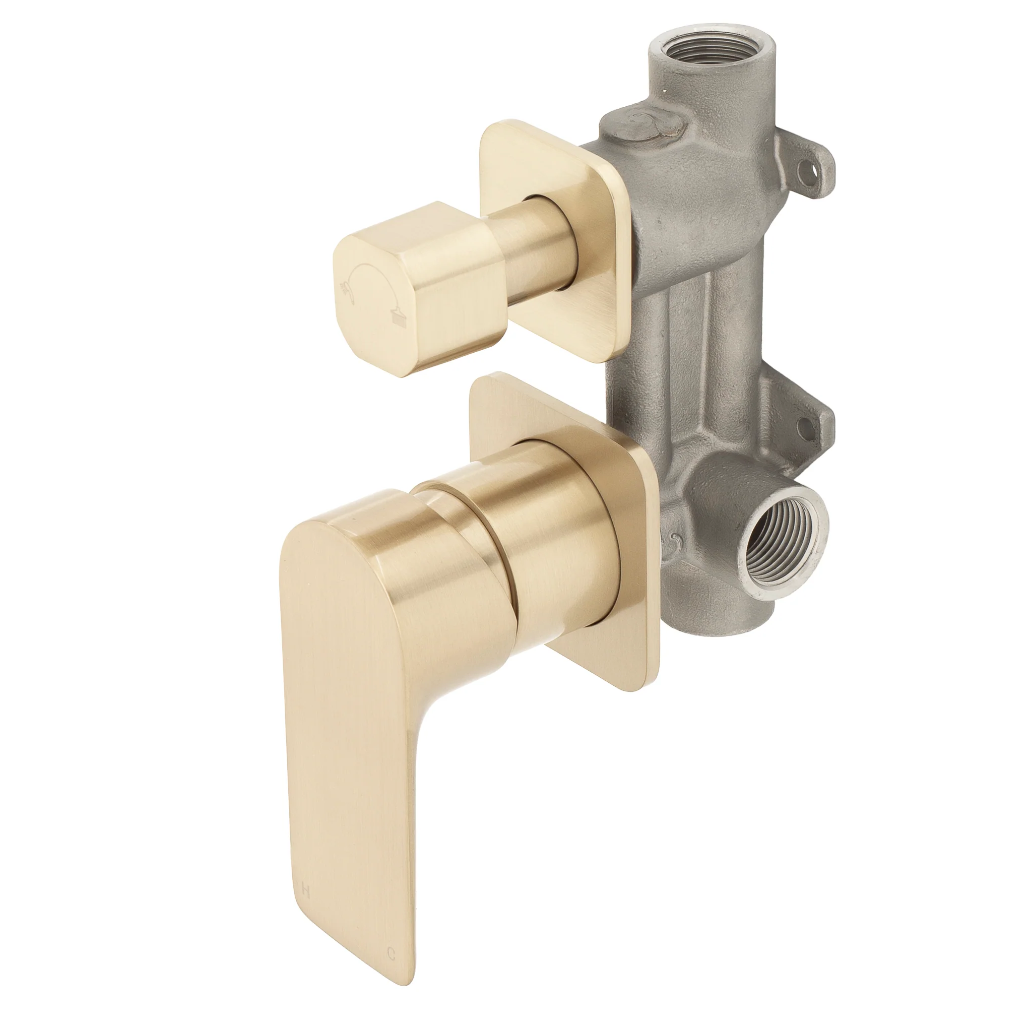 Jena Shower/ Bath Wall Mixer with Diverter and Square Plates, Brushed Brass (Gold) - Image 2
