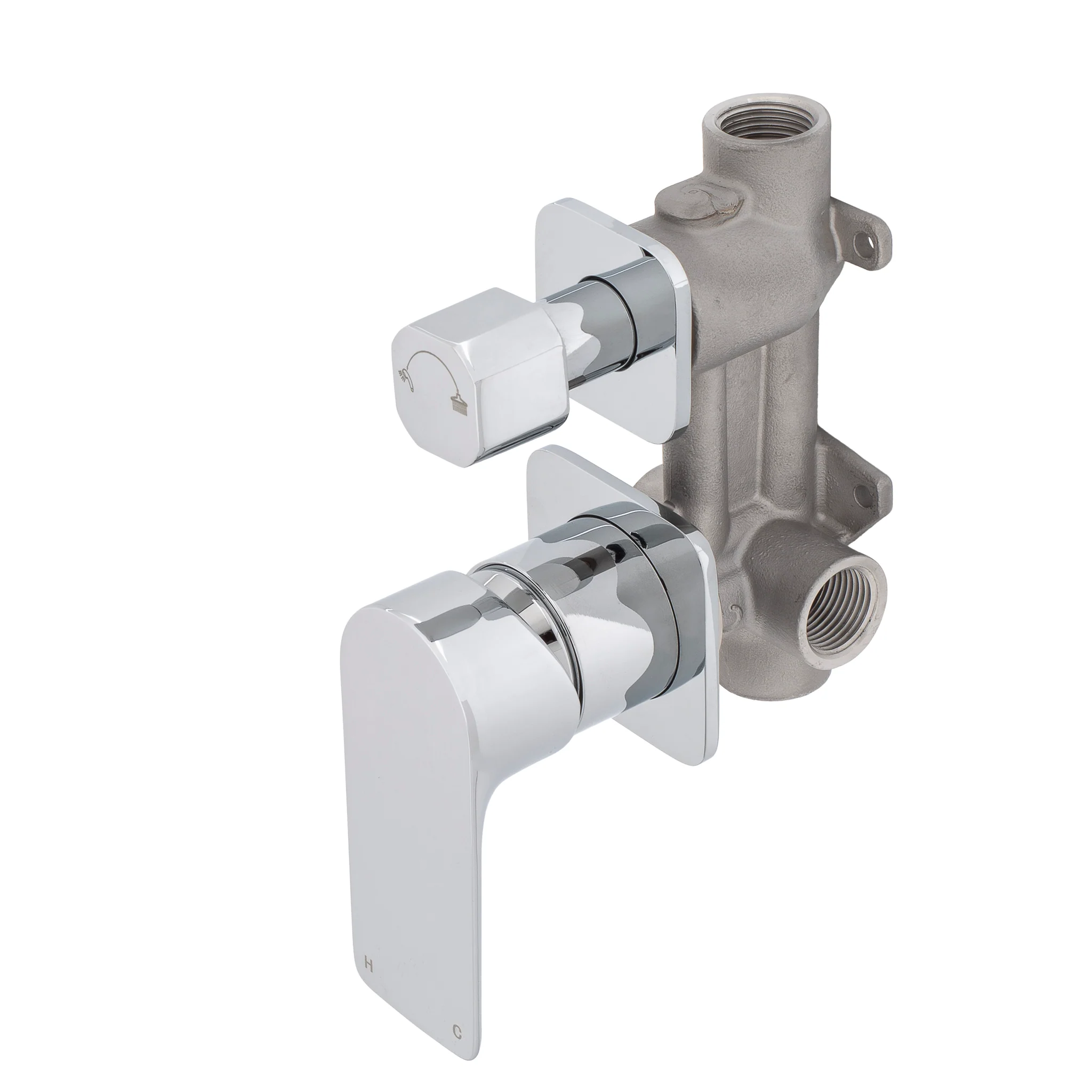 Jena Shower/ Bath Wall Mixer with Diverter and Square Plates, Polished Chrome - Image 2