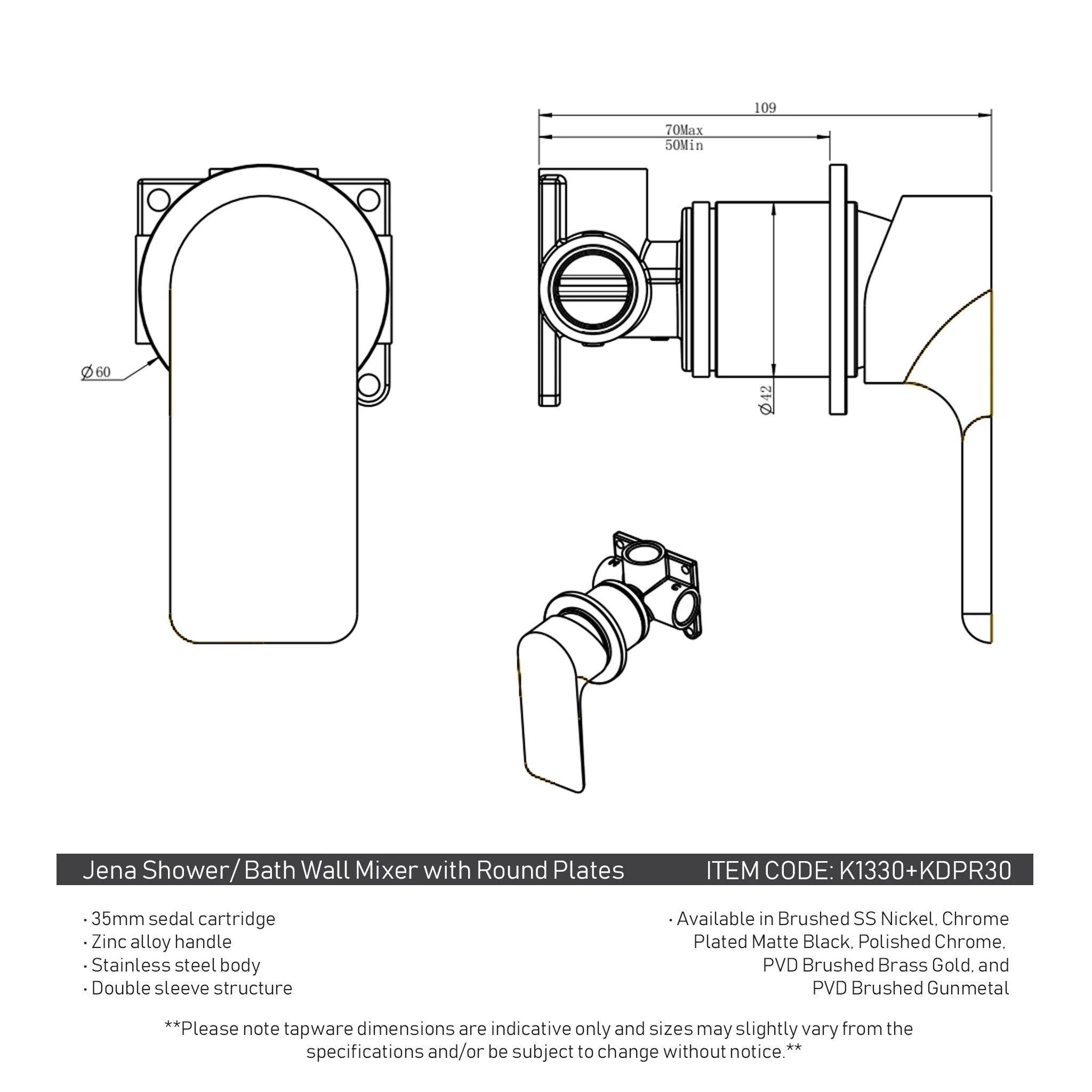 Jena Shower/ Bath Wall Mixer with Round Plates, Brushed Gunmetal - Image 5