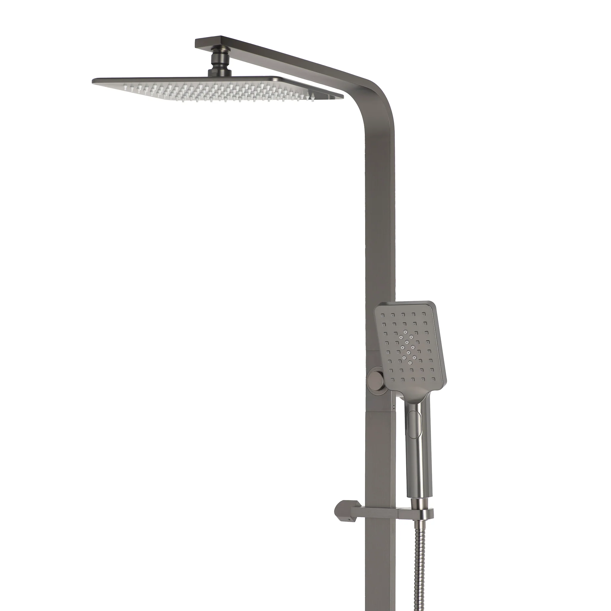 Jena Square Twin Shower System with Adjustable Rail, Push Button Diverter and 250mm Head, Brushed Gunmetal - Image 2