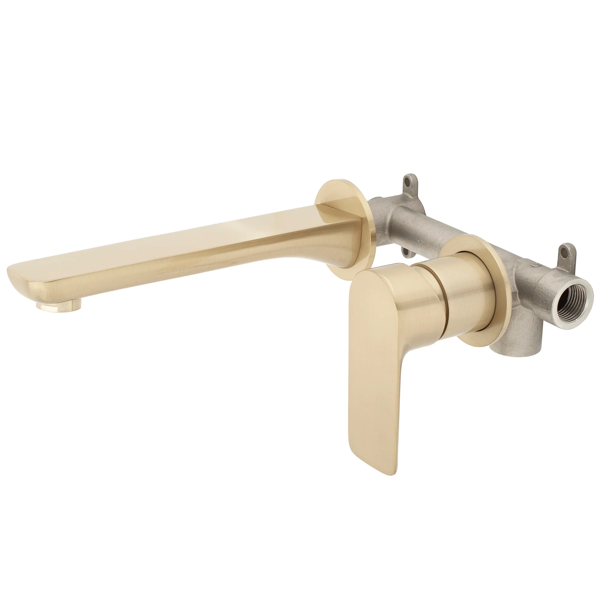 Jena Wall Mounted Basin/ Bath Mixer with Spout and Round Plates, Brushed Brass (Gold) - Image 2