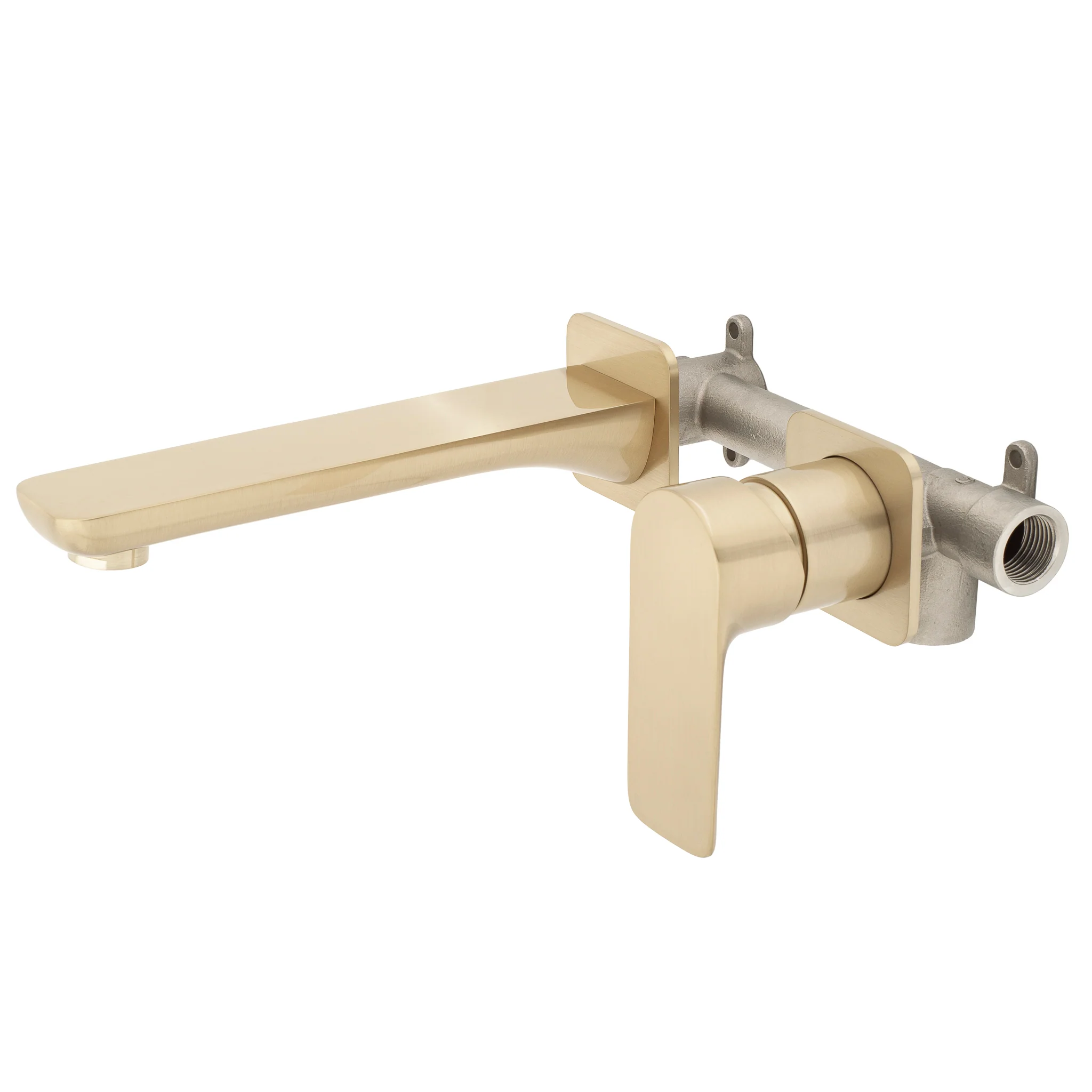 Jena Wall Mounted Basin/ Bath Mixer with Spout and Square Plates, Brushed Brass (Gold) - Image 2