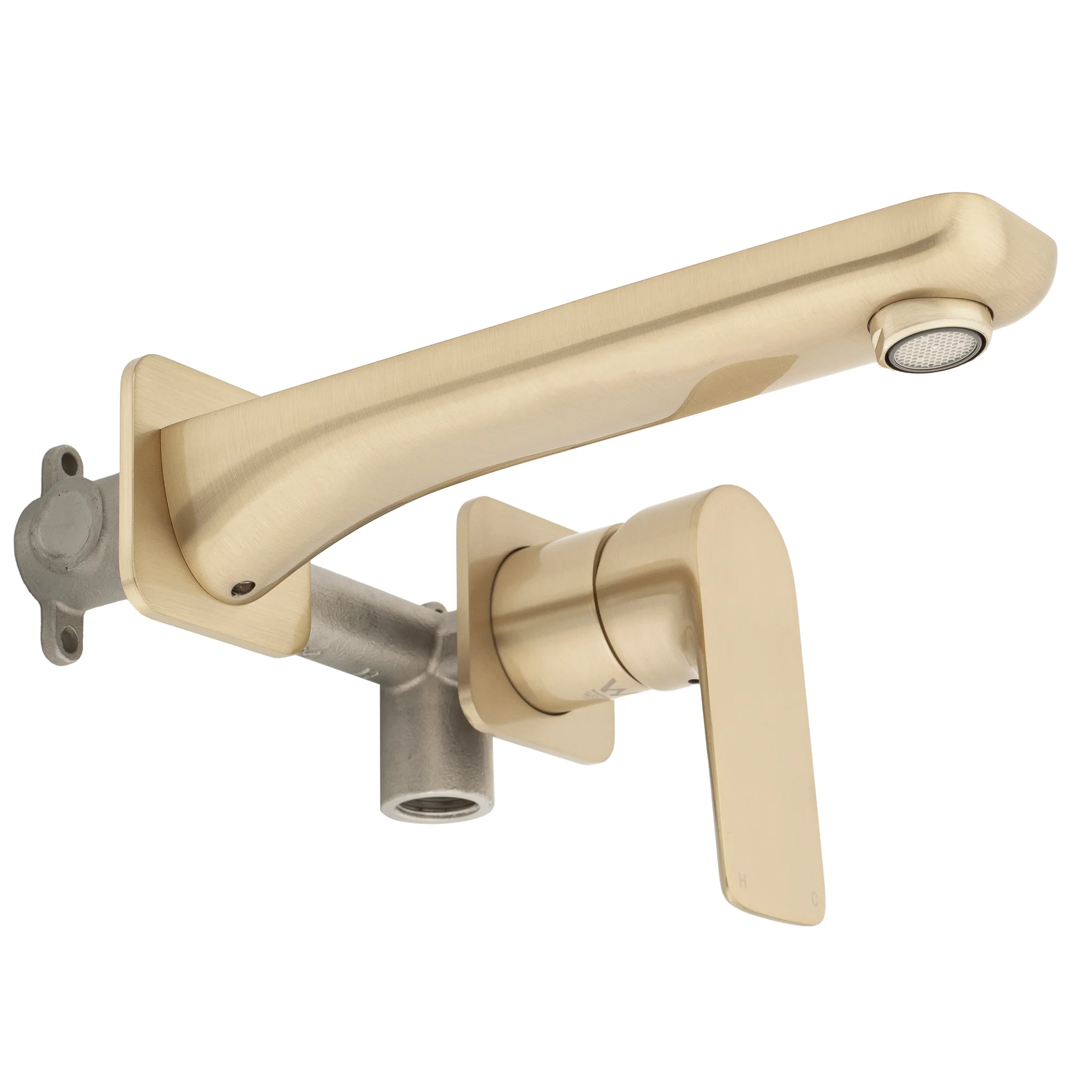 Jena Wall Mounted Basin/ Bath Mixer with Spout and Square Plates, Brushed Brass (Gold) - Image 4