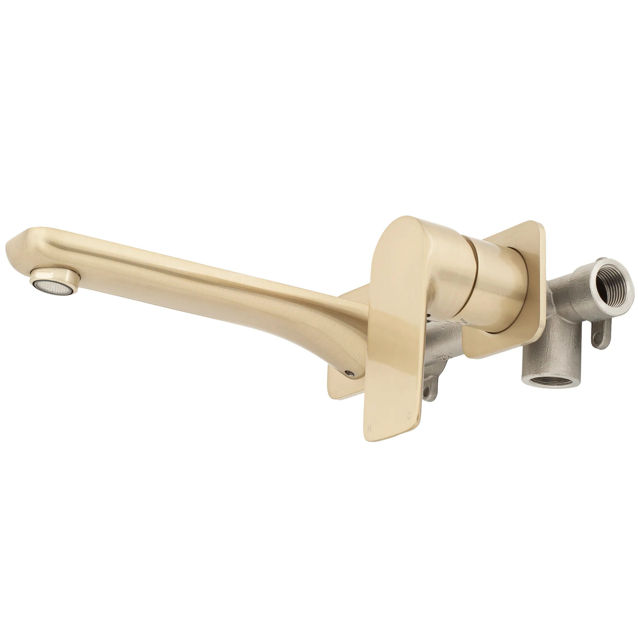 Jena Wall Mounted Basin/ Bath Mixer with Spout and Square Plates, Brushed Brass (Gold) - Image 5