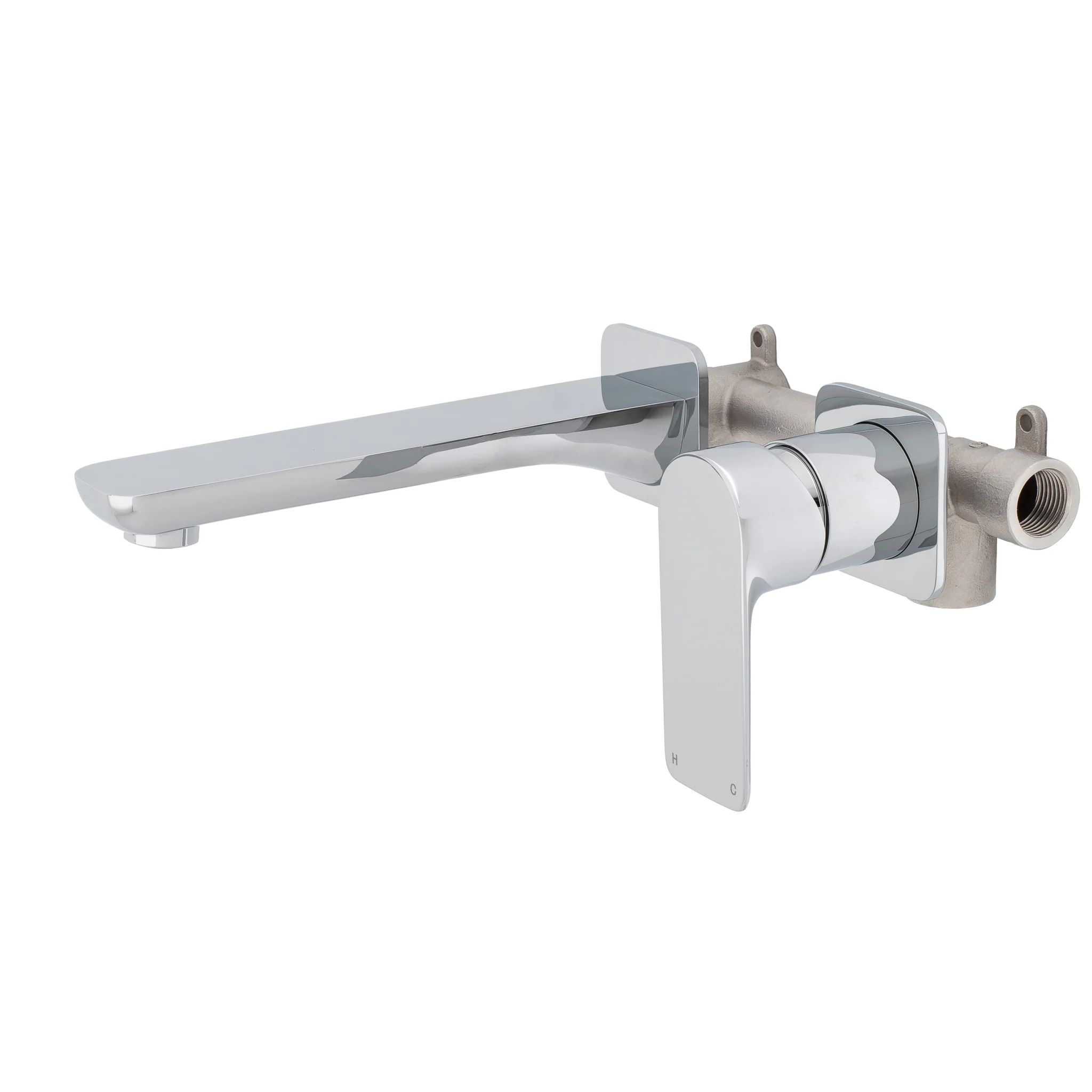 Jena Wall Mounted Basin/ Bath Mixer with Spout and Square Plates, Polished Chrome - Image 2