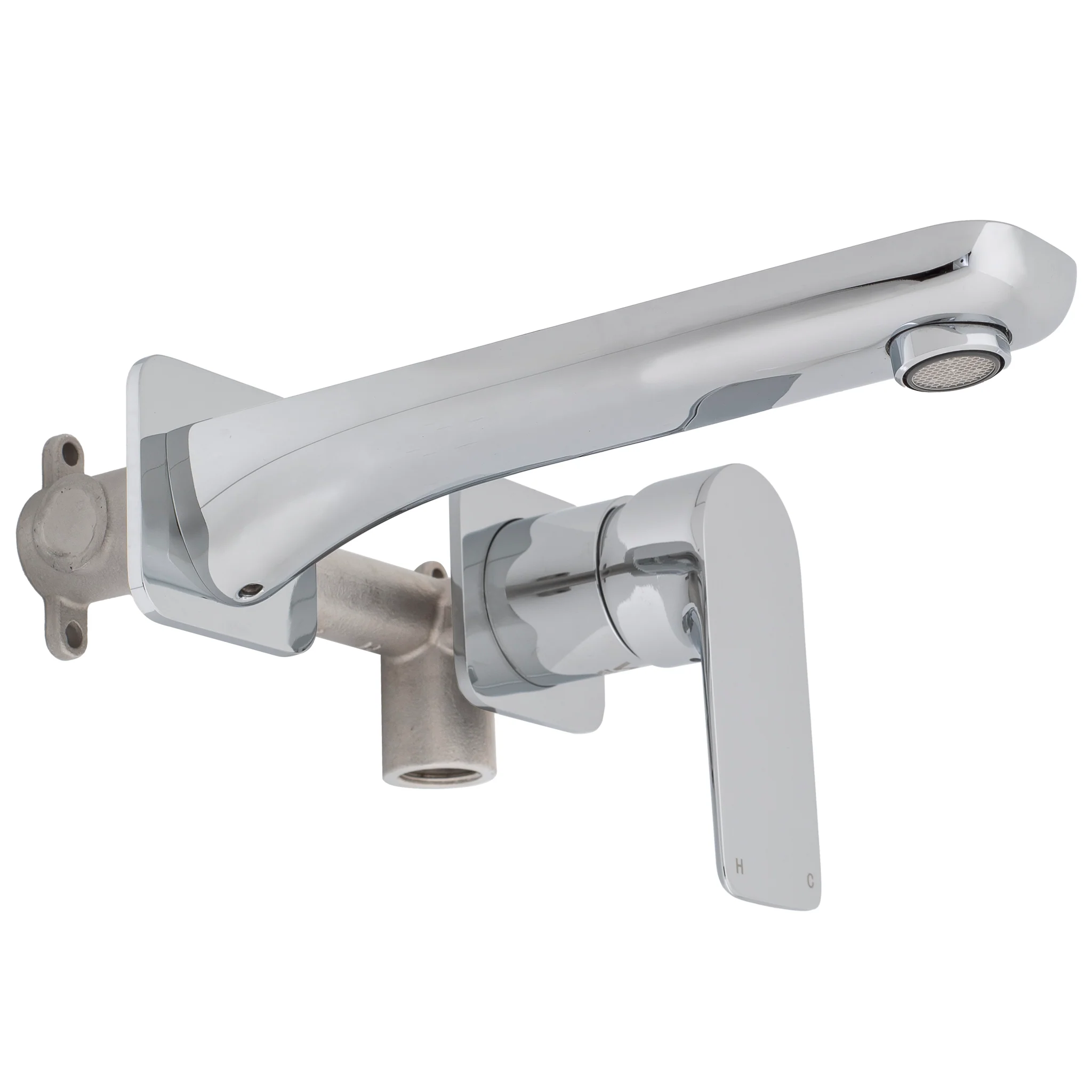 Jena Wall Mounted Basin/ Bath Mixer with Spout and Square Plates, Polished Chrome - Image 4