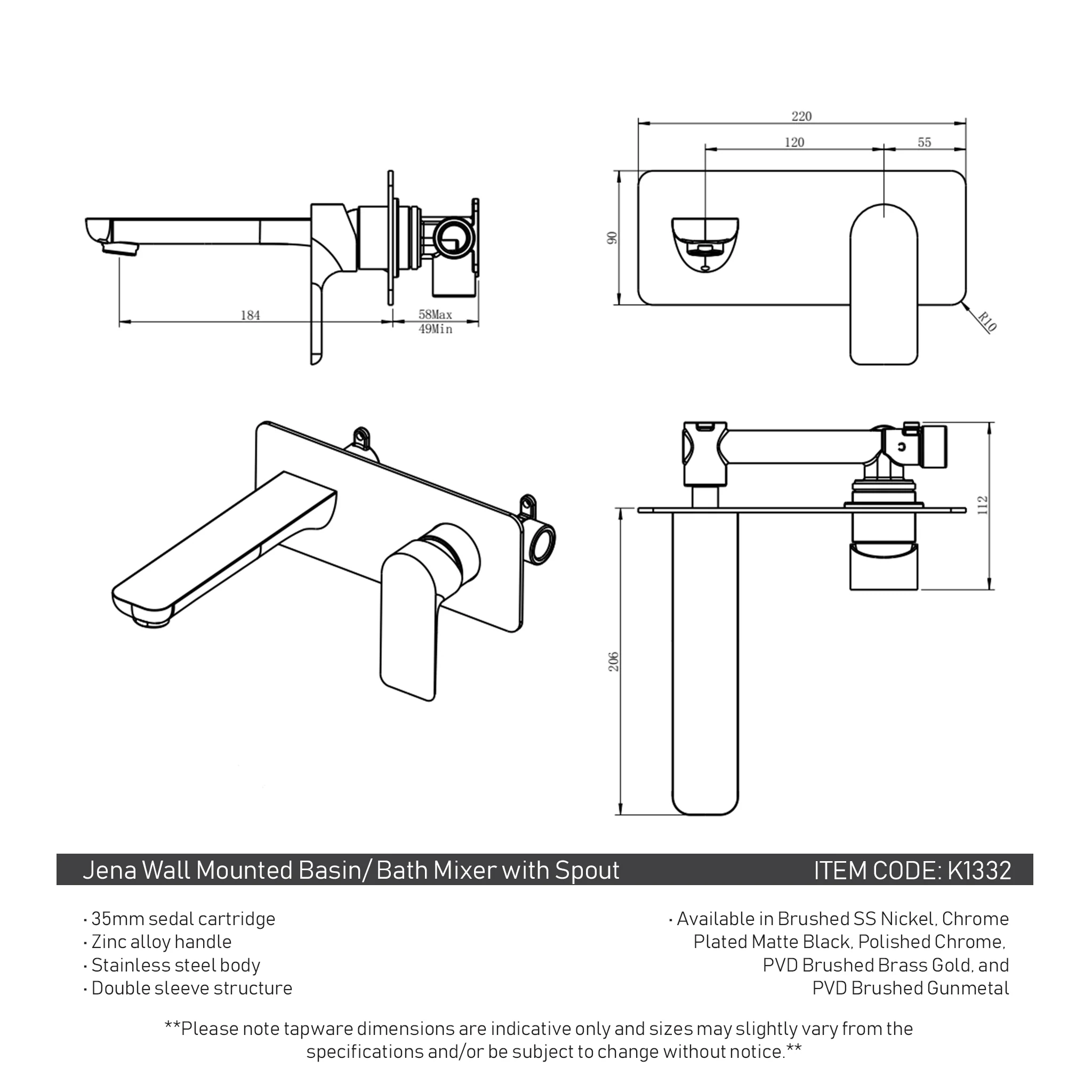 Jena Wall Mounted Basin/ Bath Mixer with Spout, PVD Brushed Brass (Gold) - Image 8