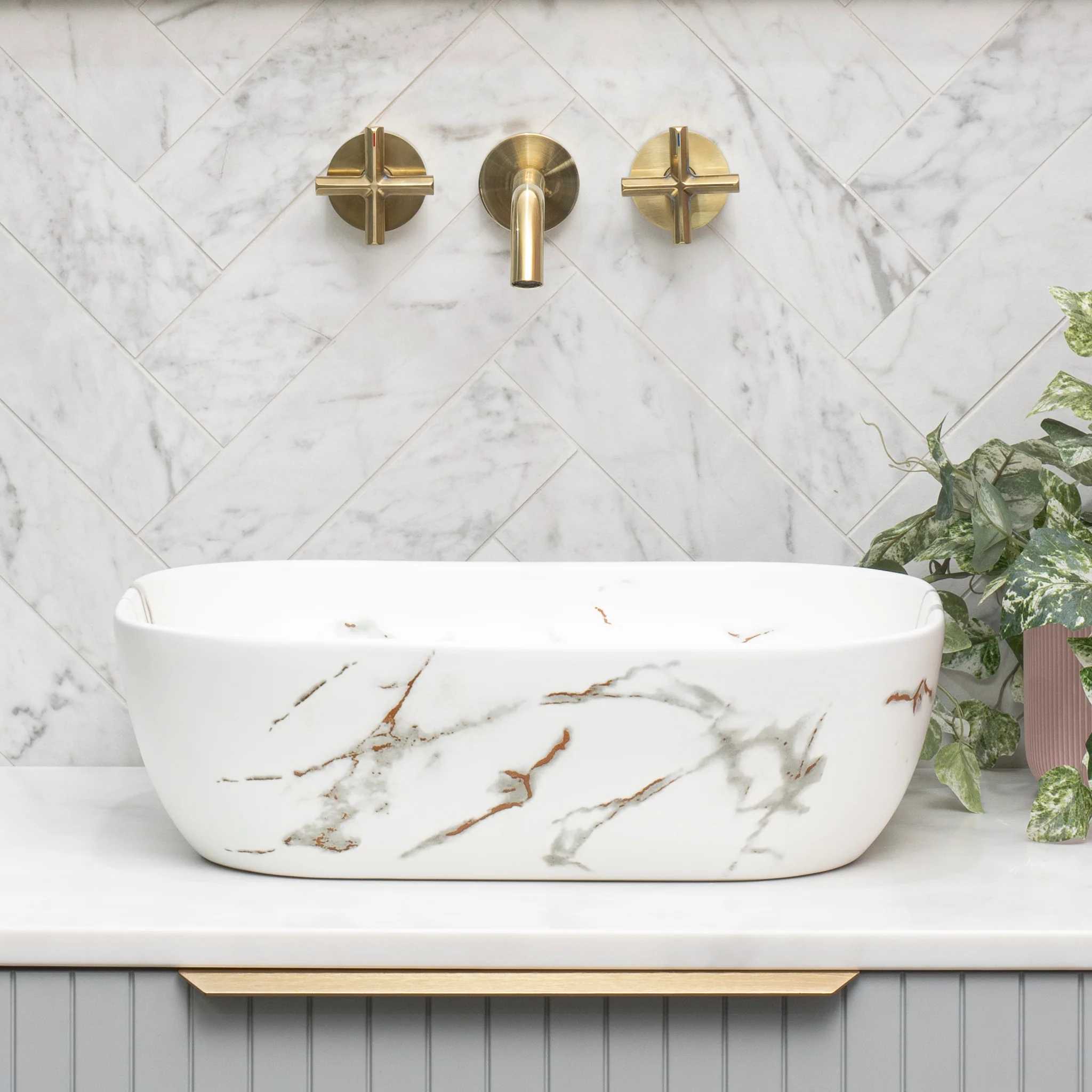 Julio 455mm x 325mm Above-Counter Basin, Fired Matte Calacatta - Image 3