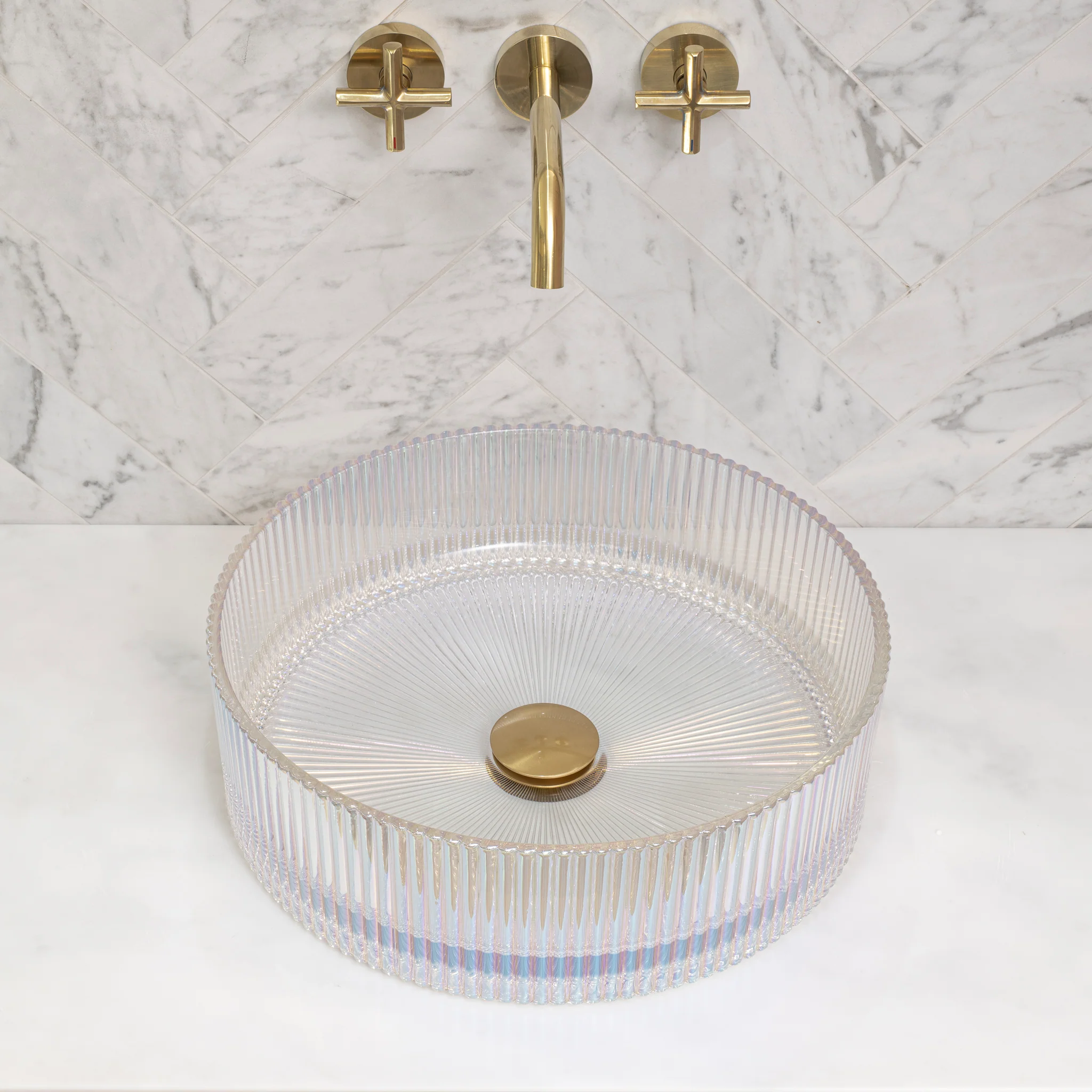 Kahm Mediterranean Fluted 400mm Above-Counter Glass Basin, Mermaid Glass - Image 2