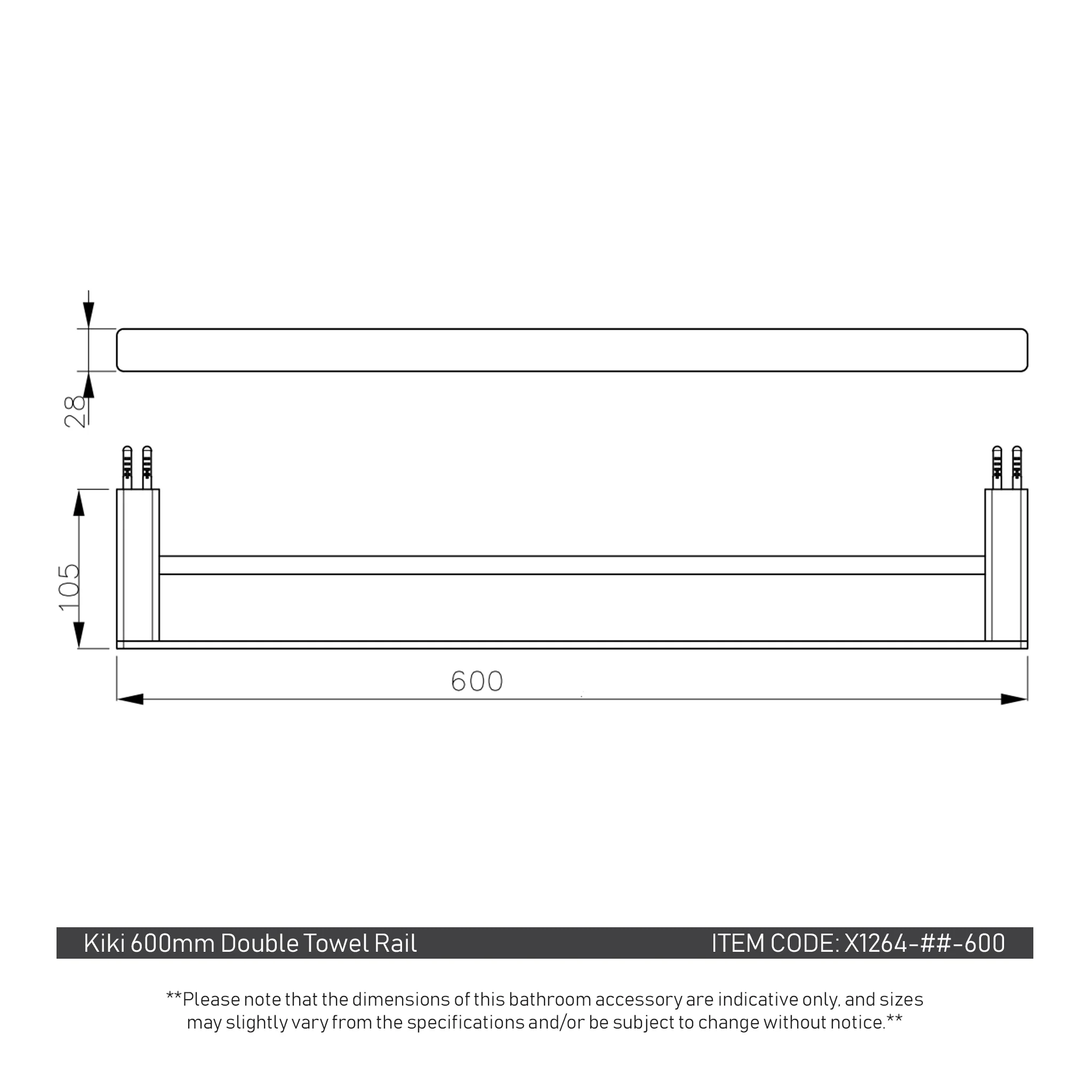 Kiki 600mm Double Towel Rail, Brushed Nickel - Image 3