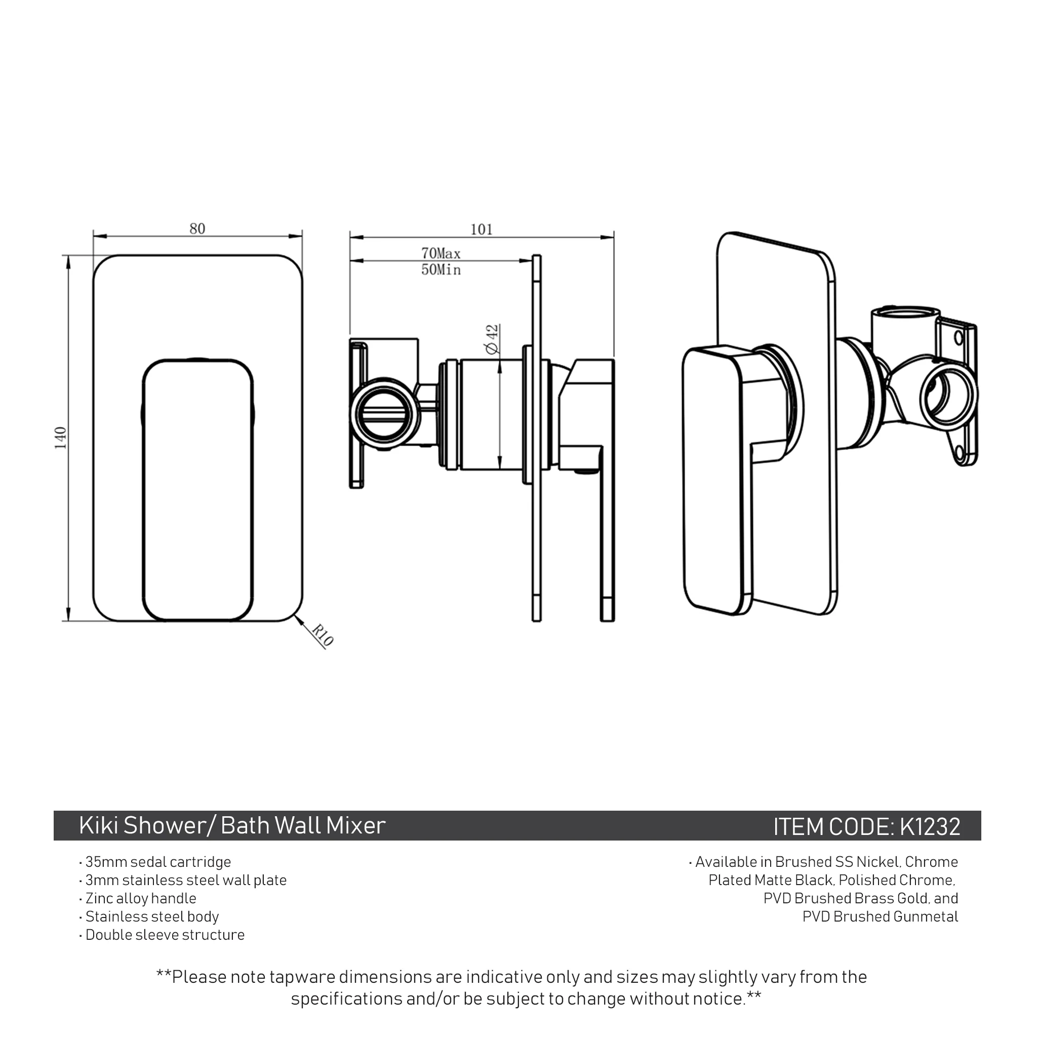 Kiki Shower/ Bath Wall Mixer, Brushed Nickel - Image 5
