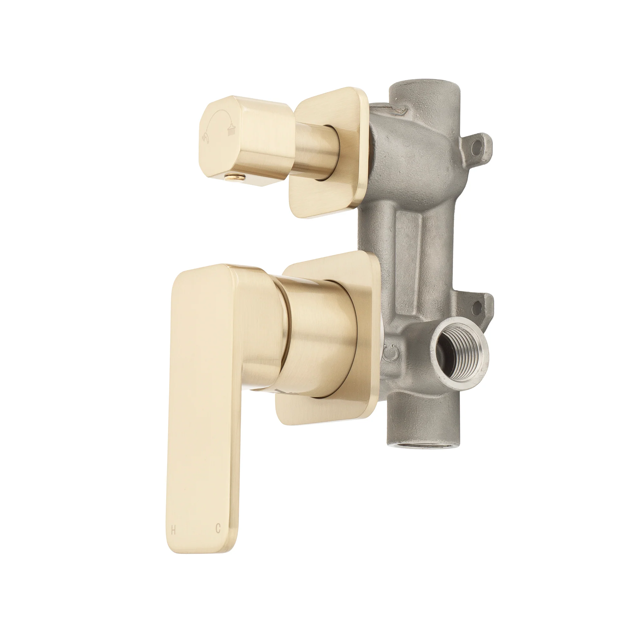 Kiki Shower/ Bath Wall Mixer with Diverter and Square Plates, Brushed Brass (Gold) - Image 4