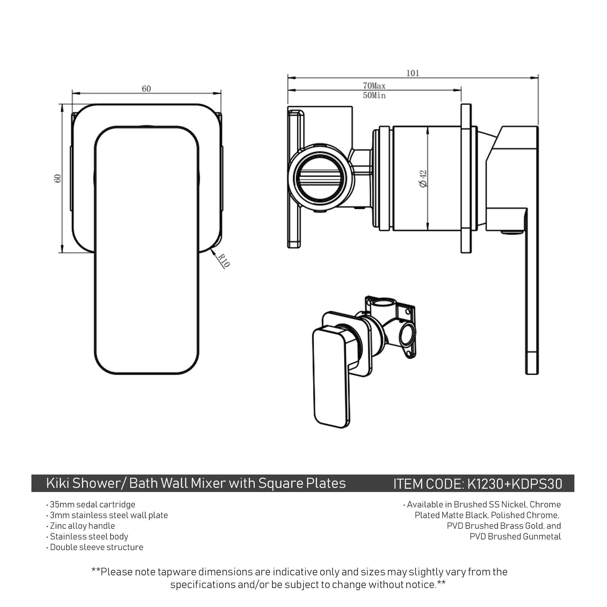 Kiki Shower/ Bath Wall Mixer with Square Plates, Polished Chrome - Image 5
