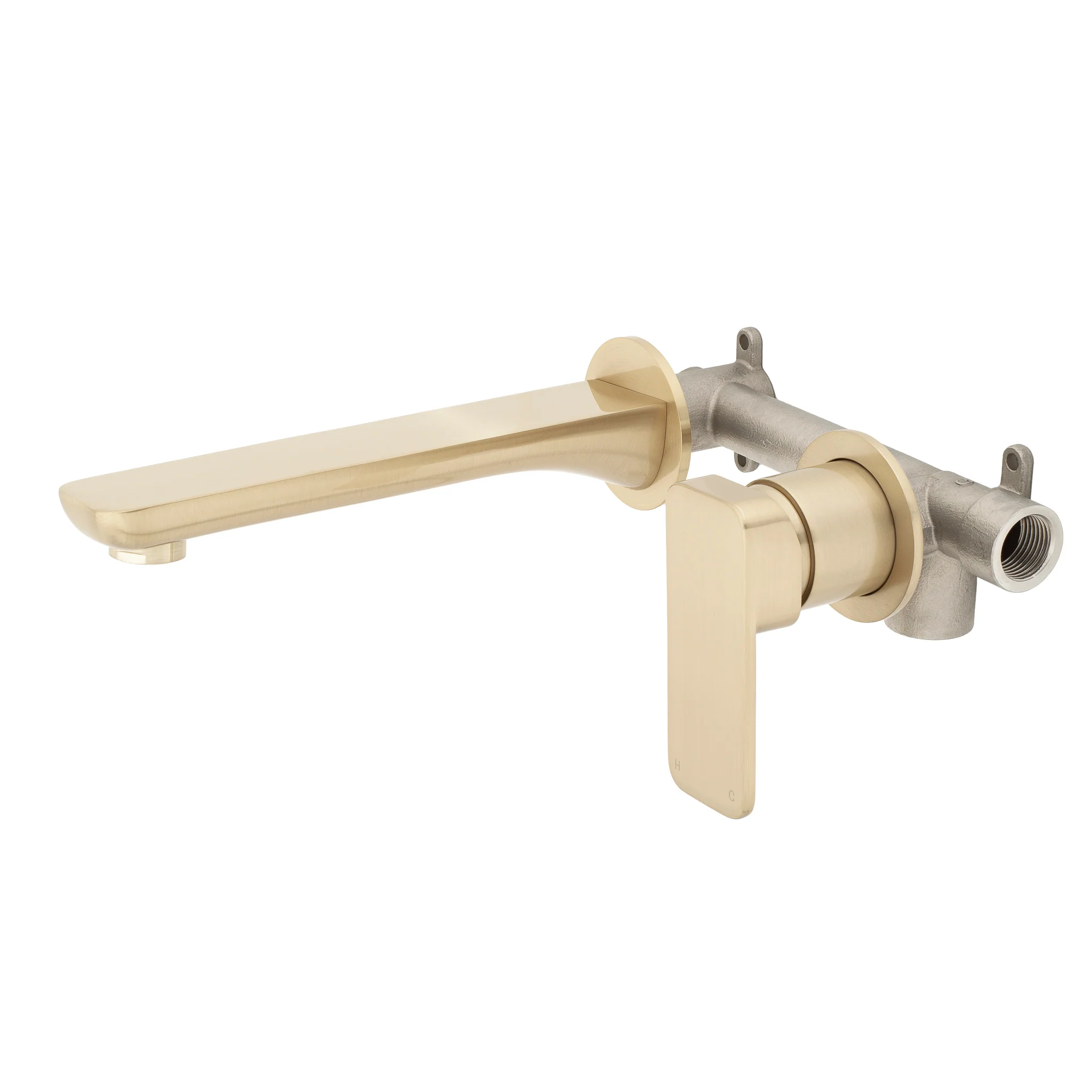 Kiki Wall Mounted Basin/ Bath Mixer with Spout and Round Plates, Brushed Brass (Gold) - Image 2