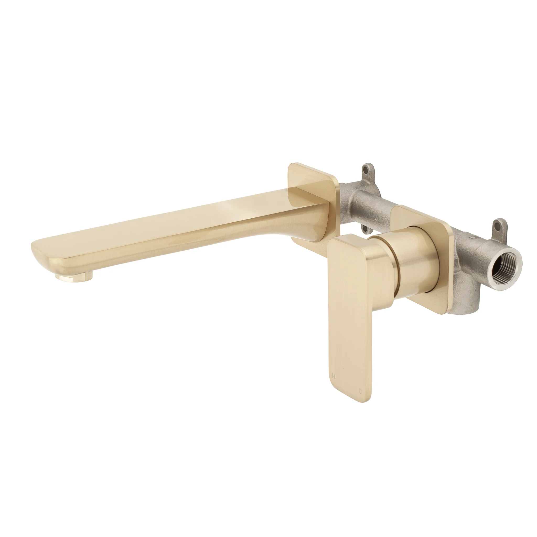 Kiki Wall Mounted Basin/ Bath Mixer with Spout and Square Plates, Brushed Brass (Gold) - Image 2