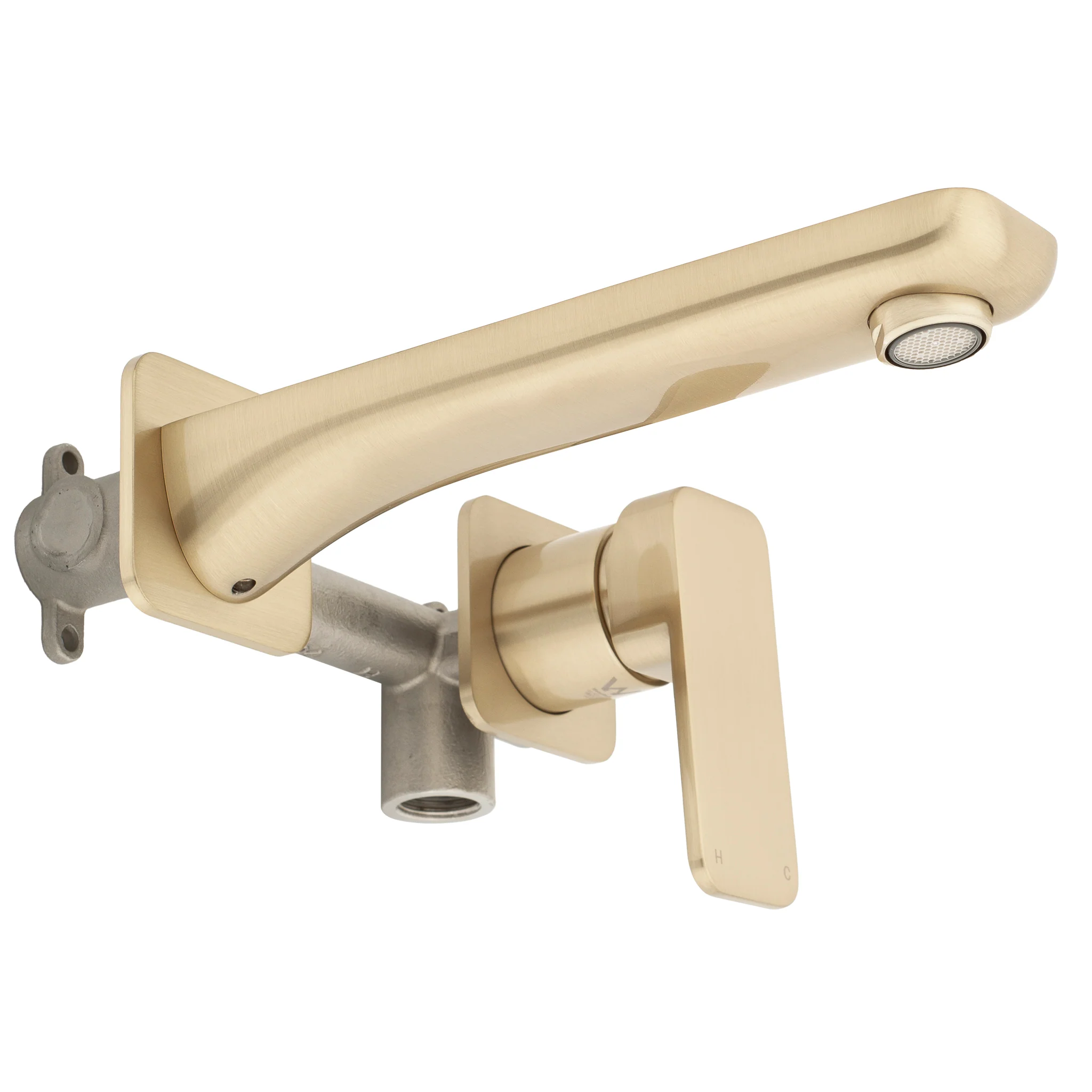 Kiki Wall Mounted Basin/ Bath Mixer with Spout and Square Plates, Brushed Brass (Gold) - Image 4