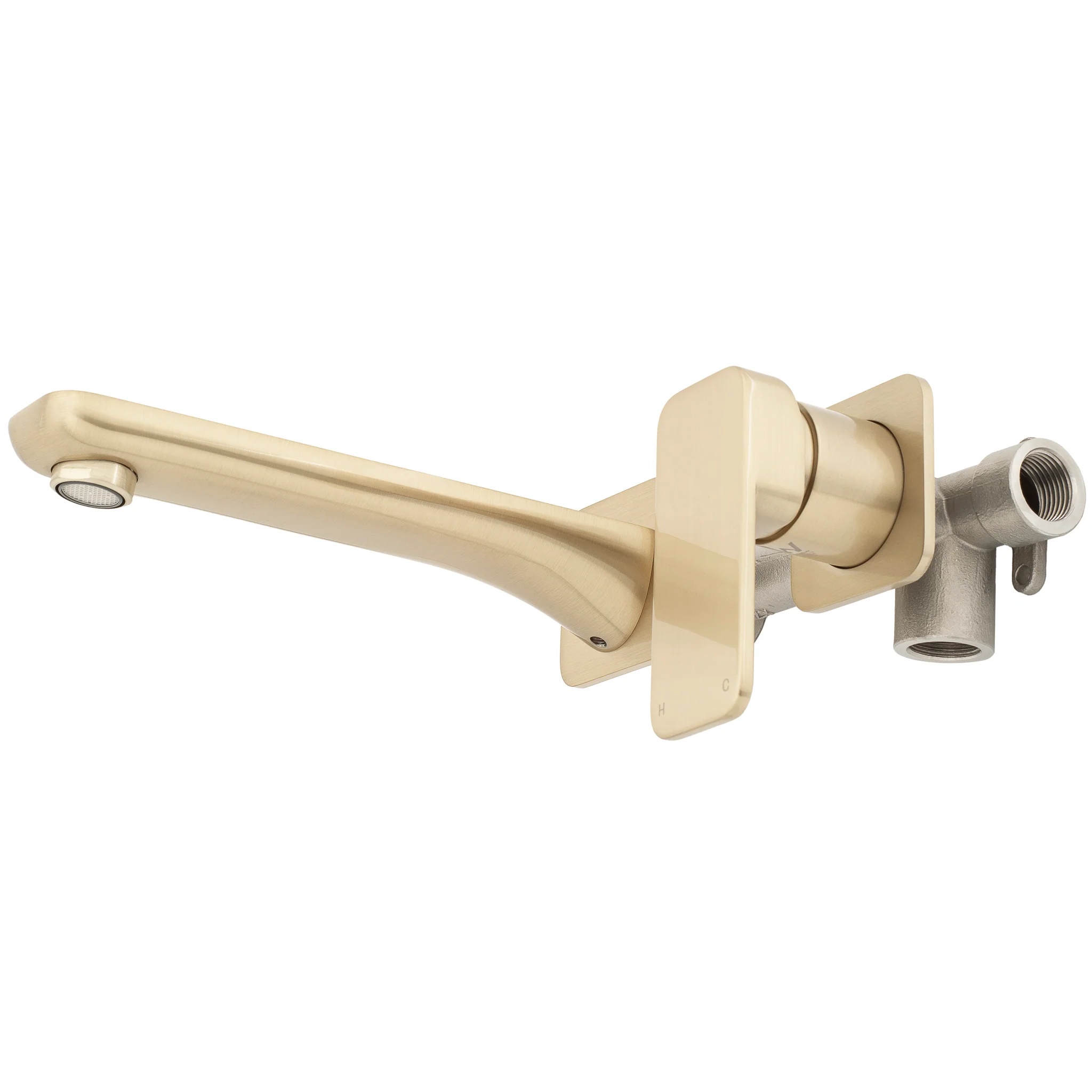 Kiki Wall Mounted Basin/ Bath Mixer with Spout and Square Plates, Brushed Brass (Gold) - Image 5