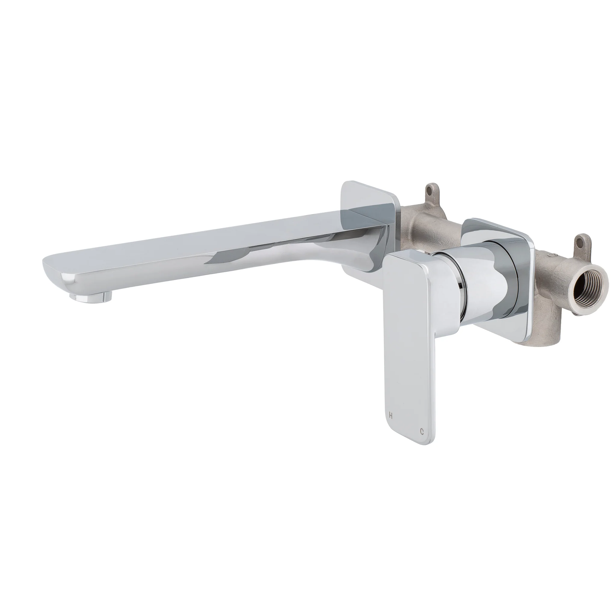 Kiki Wall Mounted Basin/ Bath Mixer with Spout and Square Plates, Polished Chrome - Image 2