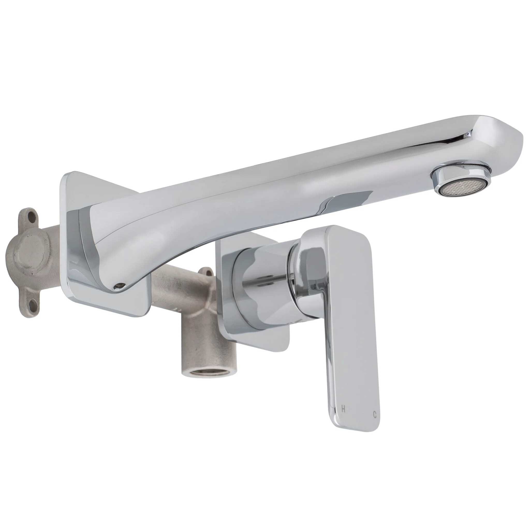Kiki Wall Mounted Basin/ Bath Mixer with Spout and Square Plates, Polished Chrome - Image 4