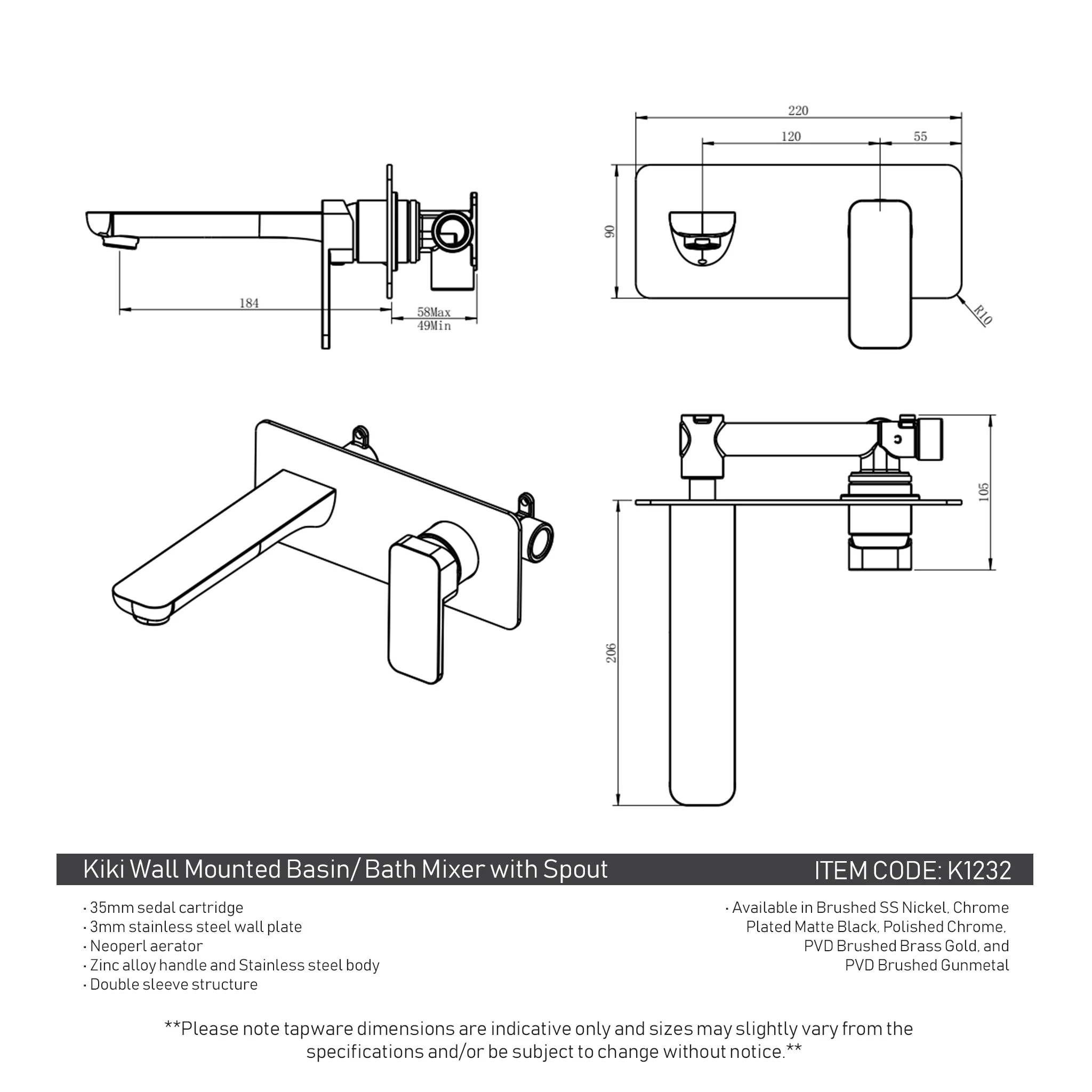 Kiki Wall Mounted Basin/ Bath Mixer with Spout, PVD Brushed Gunmetal - Image 7