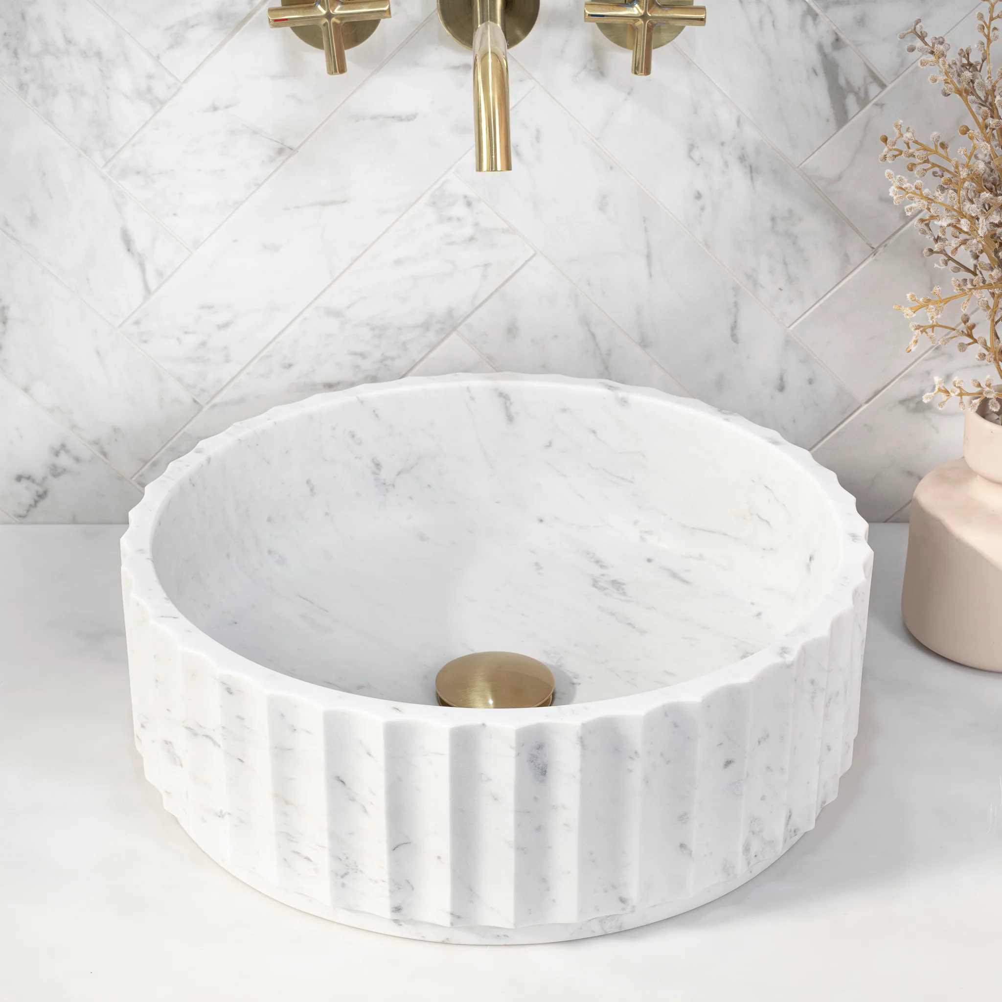 Kyklos Groove Round Fluted 395mm Above-Counter Marble Basin, Honed Carrara - Image 3