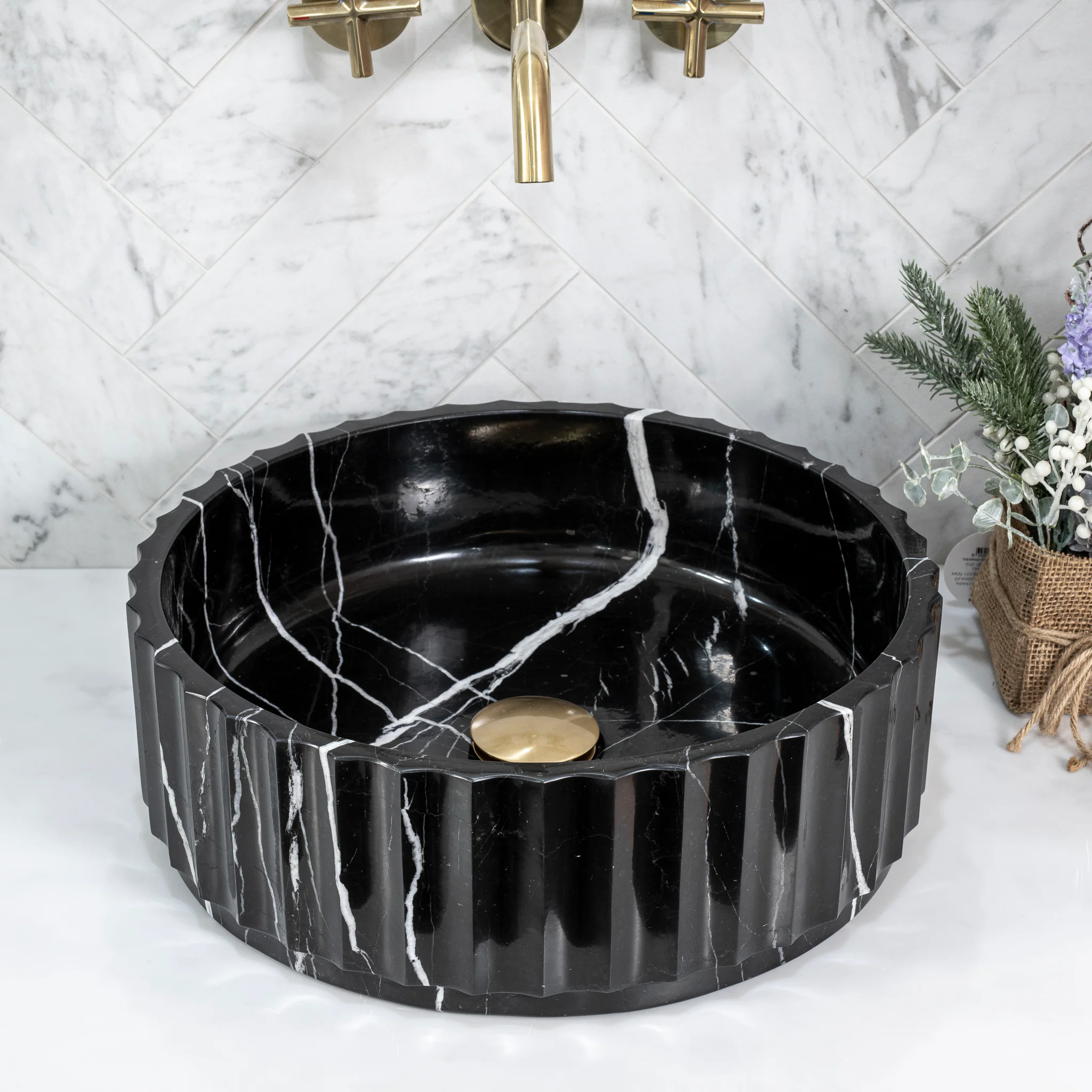 Kyklos Groove Round Fluted 395mm Above-Counter Marble Basin, Honed Nero Marquina - Image 2