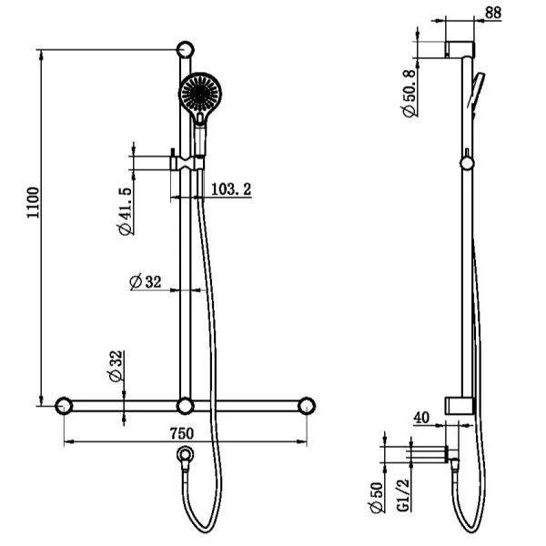 Nero Mecca Care 32mm T Bar Grab Rail And Adjustable Shower Rail Set 1100x750mm | Brushed Nickel | - Image 2