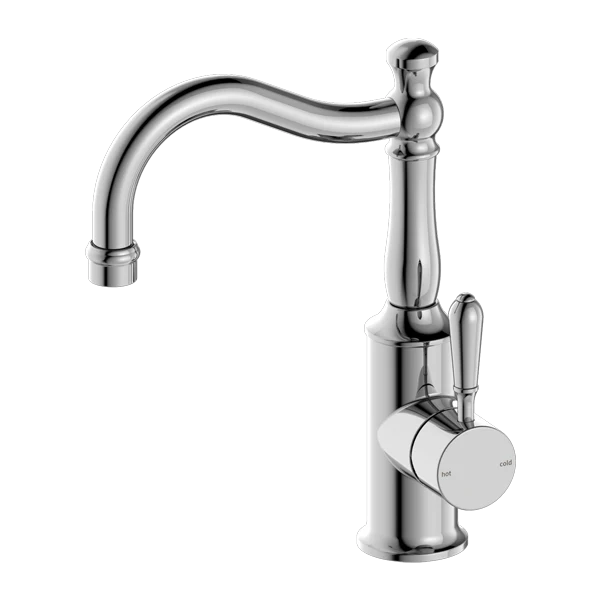 Nero York Basin Mixer Hook Spout With Metal Lever | Chrome |