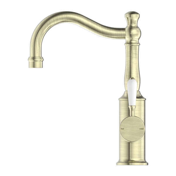 Nero York Basin Mixer Hook Spout With White Porcelain Lever | Aged Brass | - Image 2