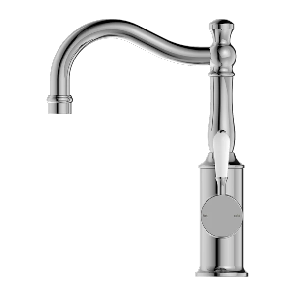 Nero York Basin Mixer Hook Spout With White Porcelain Lever | Chrome | - Image 2