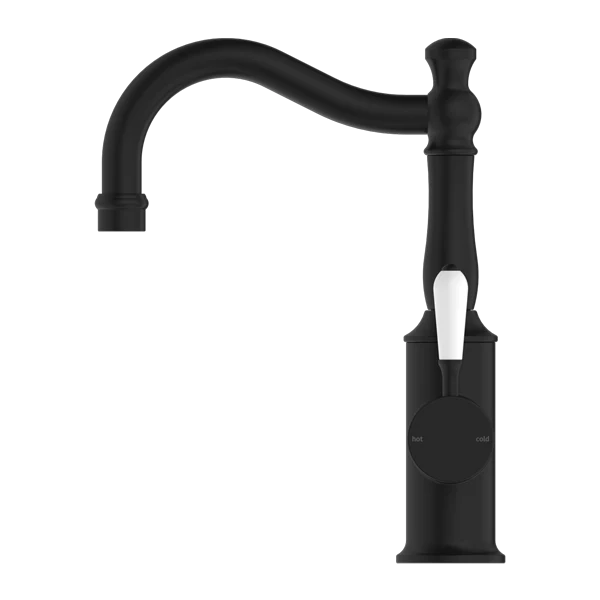 Nero York Basin Mixer Hook Spout With White Porcelain Lever | Matte Black | - Image 2