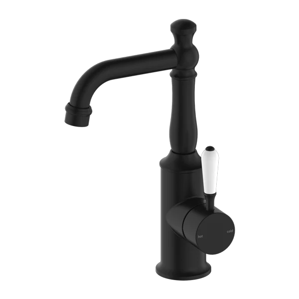 Nero York Basin Mixer With White Porcelain Lever | Matte Black |