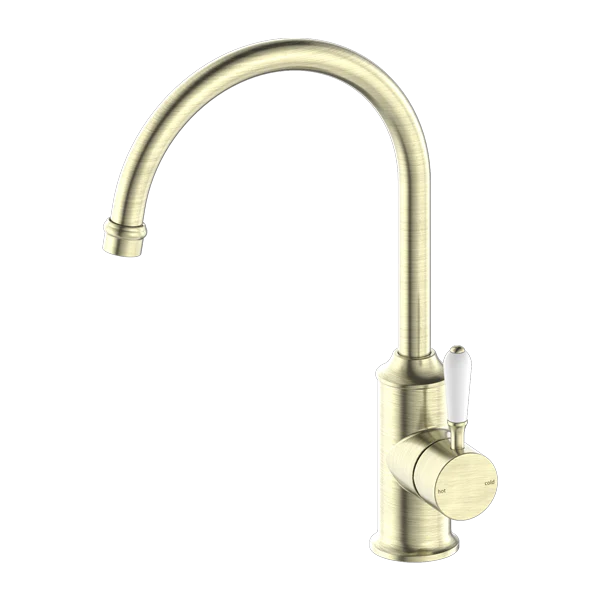 Nero York Kitchen Mixer Goosneck Spout With White Porcelain Lever | Aged Brass |