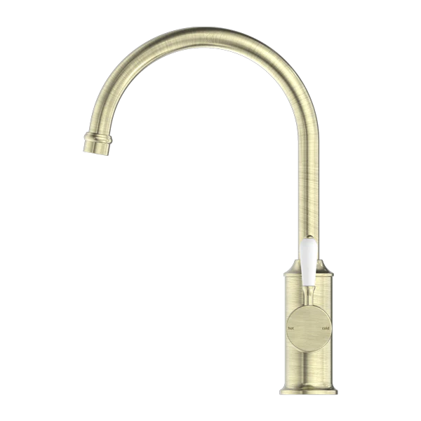 Nero York Kitchen Mixer Goosneck Spout With White Porcelain Lever | Aged Brass | - Image 2