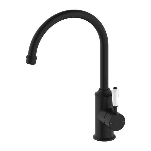 Nero York Kitchen Mixer Goosneck Spout With White Porcelain Lever | Matte Black |