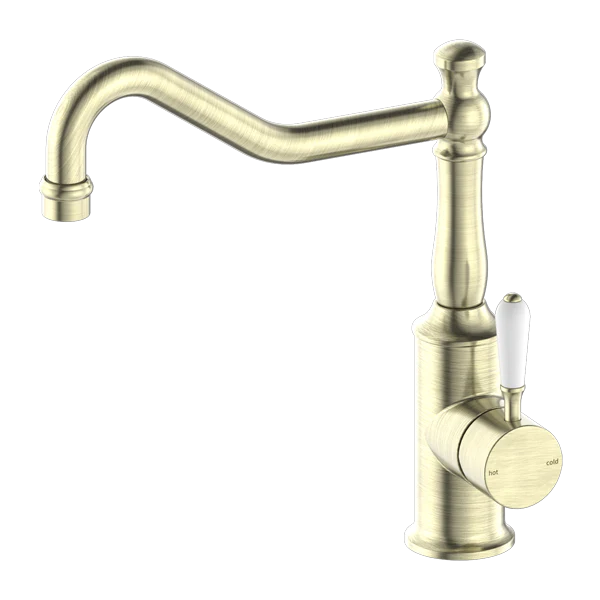 Nero York Kitchen Mixer Hook Spout With White Porcelain Lever | Aged Brass |