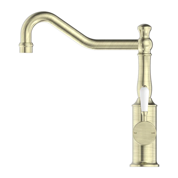 Nero York Kitchen Mixer Hook Spout With White Porcelain Lever | Aged Brass | - Image 2
