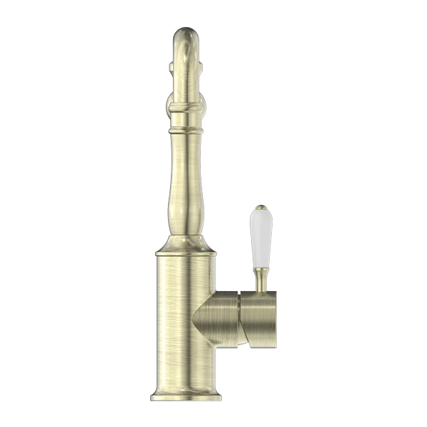 Nero York Kitchen Mixer Hook Spout With White Porcelain Lever | Aged Brass | - Image 3