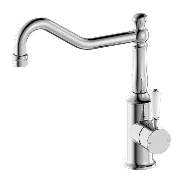 Nero York Kitchen Mixer Hook Spout With White Porcelain Lever | Chrome |