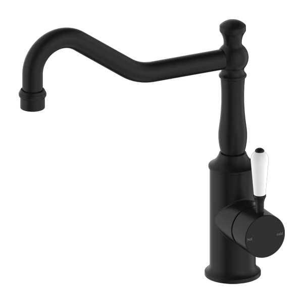 Nero York Kitchen Mixer Hook Spout With White Porcelain Lever | Matte Black |