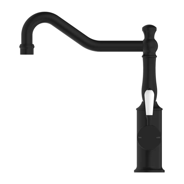 Nero York Kitchen Mixer Hook Spout With White Porcelain Lever | Matte Black | - Image 2