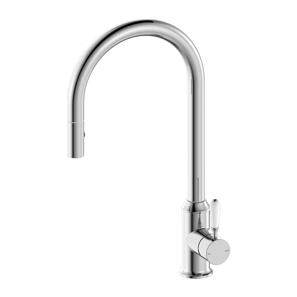 Nero York Pull Out Sink Mixer With Vegie Spray Function With White Porcelain Lever | Chrome |