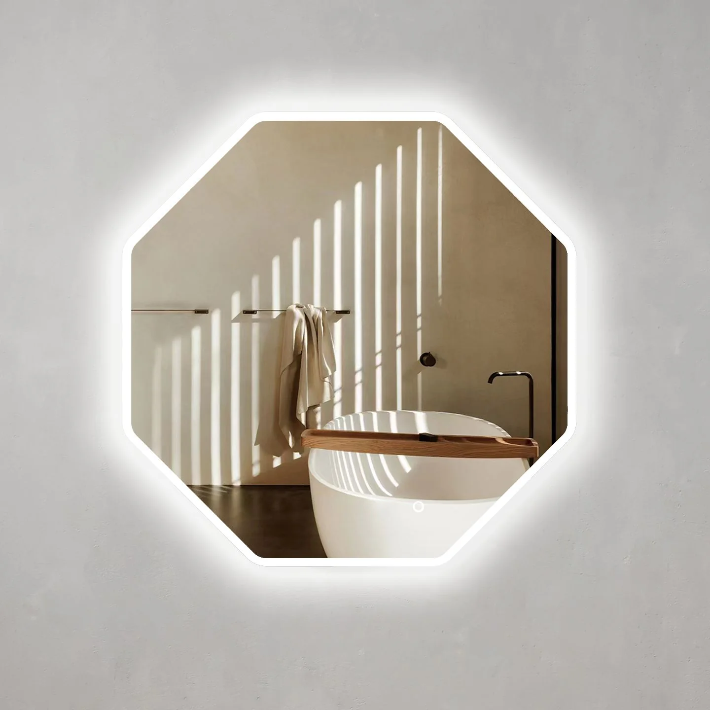 Ocho Octagonal 8-sided 888mm Frontlit and Backlit LED Frameless Mirror with Frosted Glass Border and Demister *Clearance Stock* - Image 3