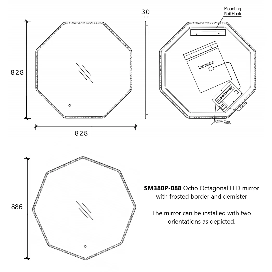 Ocho Octagonal 8-sided 888mm Frontlit and Backlit LED Frameless Mirror with Frosted Glass Border and Demister *Clearance Stock* - Image 6