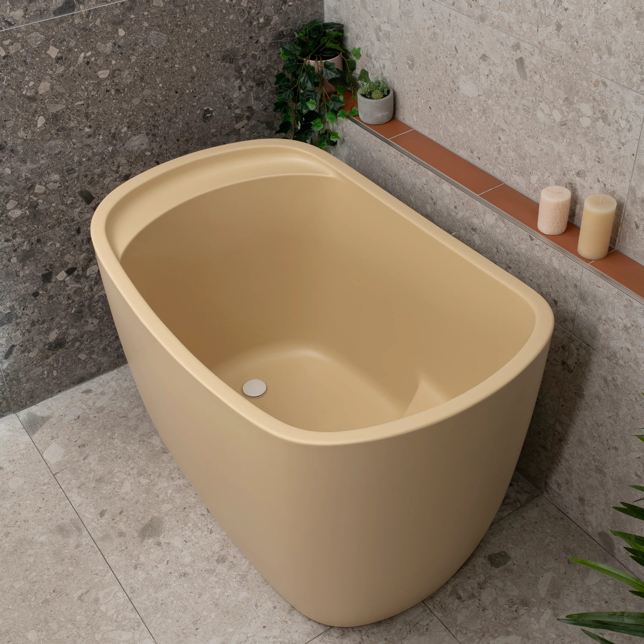 Ofuro 1200mm Extra Height Japanese Soaking Freestanding Bath with Seat, Matte Vanilla Beige - SPECIAL EDITION - Image 4